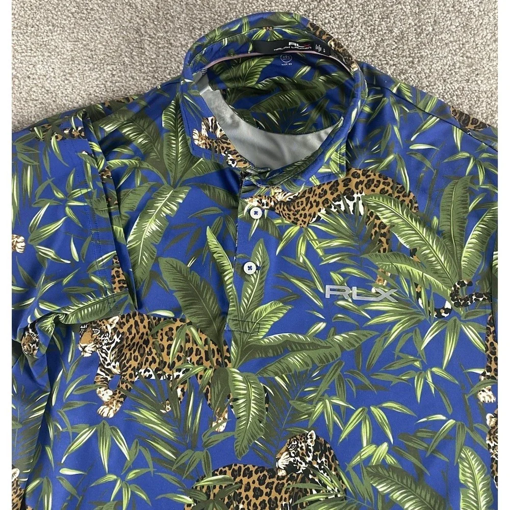 Ralph Lauren RLX Golf Polo Shirt‎ All Over Floral Jaguar Big Cat Hawaiian Mens L